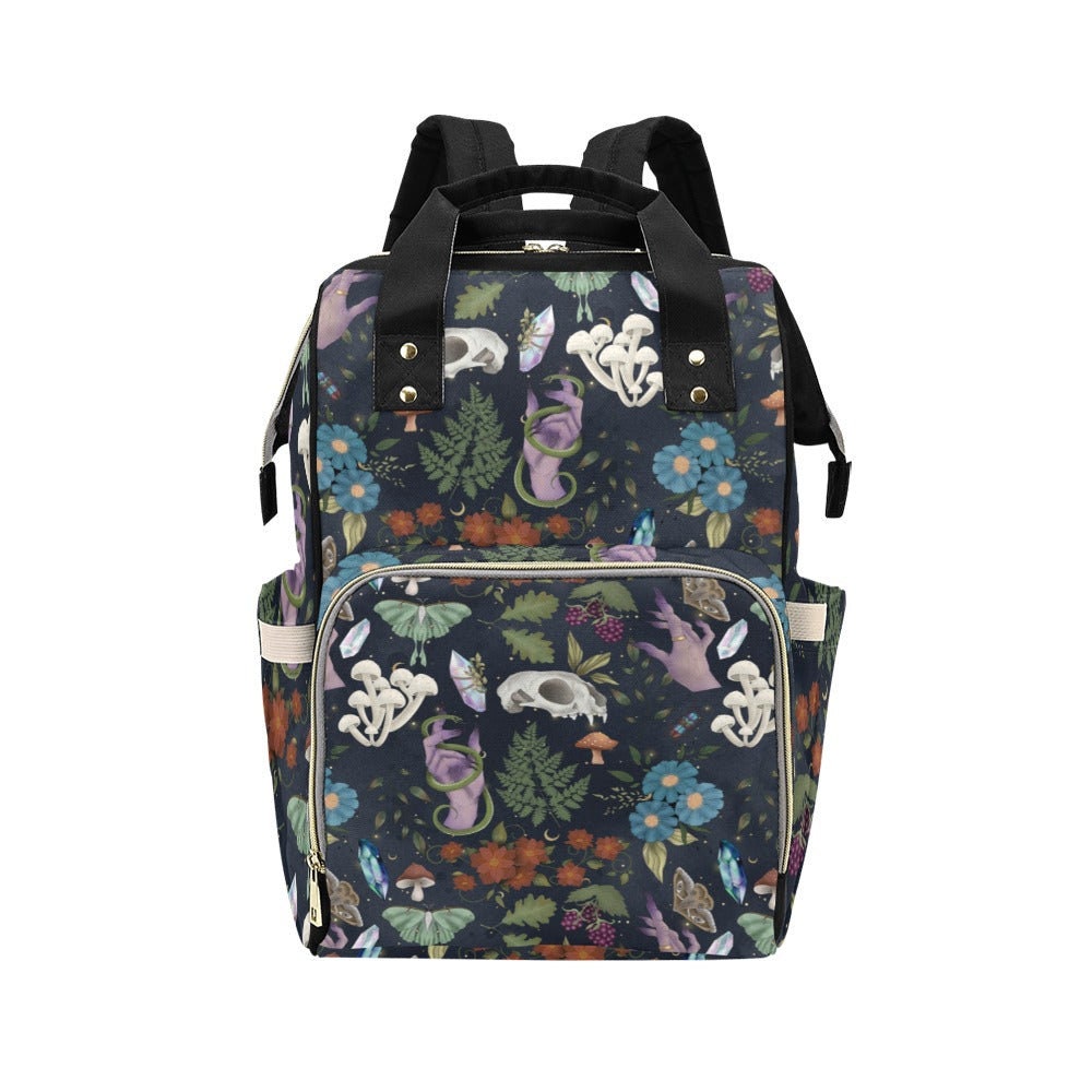 Occult Botanical Backpack, Witchy Forest Diaper Bag, Gothic Fairycore Gear, Mystical Skull Organizer, Dark Cottagecore Accessory, Alt Bag