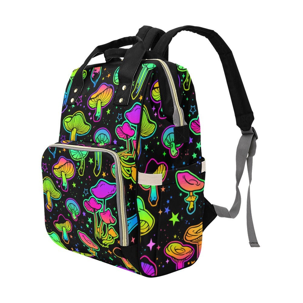 Neon Mushroom Diaper Backpack, Psychedelic Baby Bag with Colorful Trippy Print