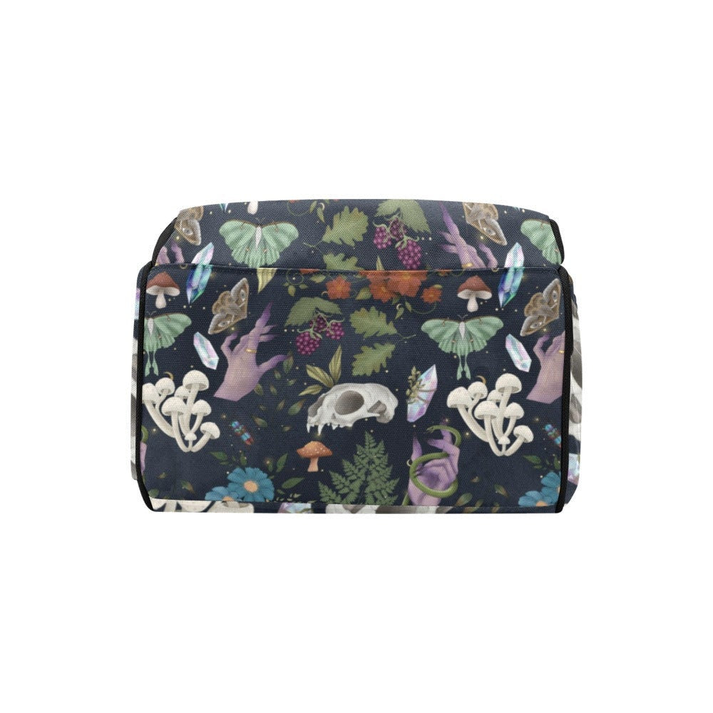 Occult Botanical Backpack, Witchy Forest Diaper Bag, Gothic Fairycore Gear, Mystical Skull Organizer, Dark Cottagecore Accessory, Alt Bag