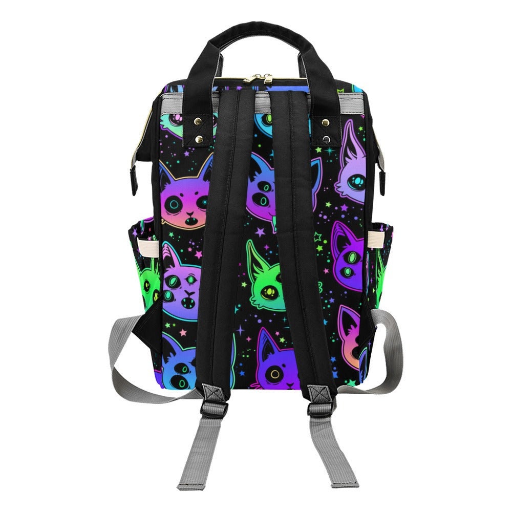Neon Cat Diaper Backpack, Kawaii Goth Bag, Spooky Cute Organizer, Witchy Mom Gift, Alternative Baby Gear, Gothic Cat Lover,Pastel Goth Style