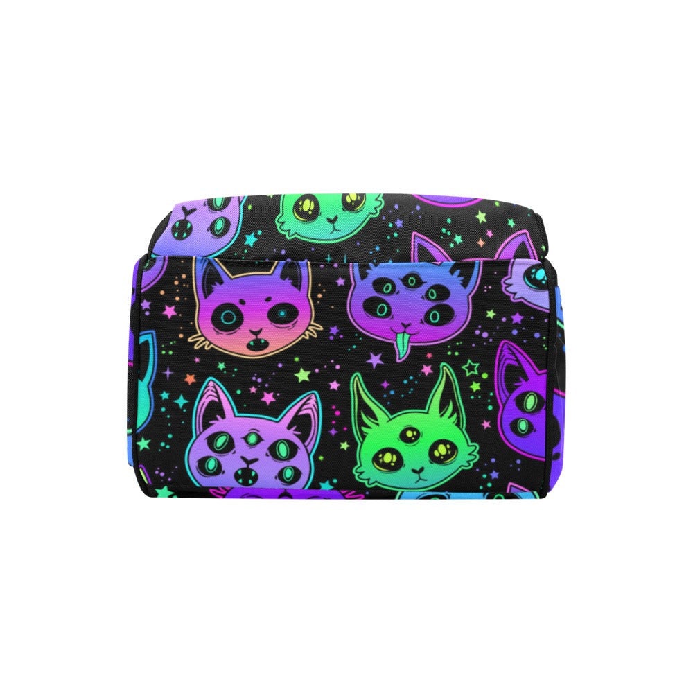 Neon Cat Diaper Backpack, Kawaii Goth Bag, Spooky Cute Organizer, Witchy Mom Gift, Alternative Baby Gear, Gothic Cat Lover,Pastel Goth Style