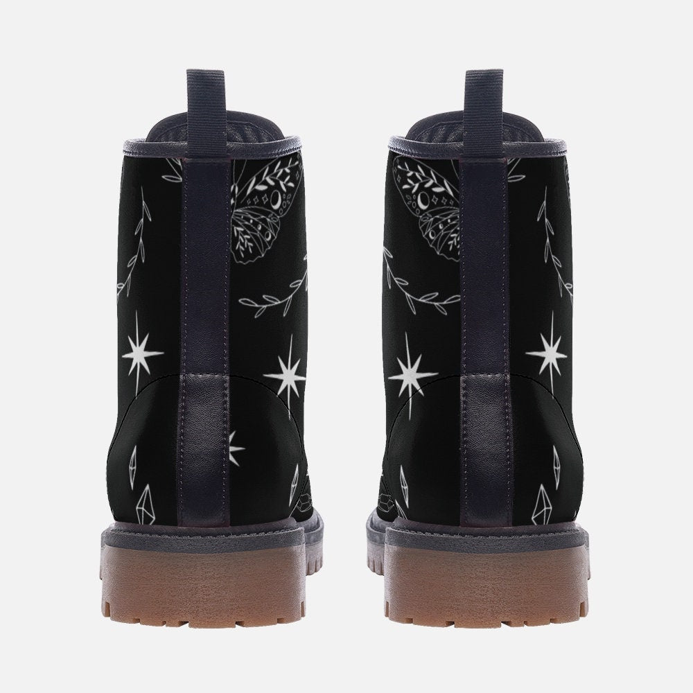 Celestial butterfly boots, black lace up shoes, witchy festival footwear