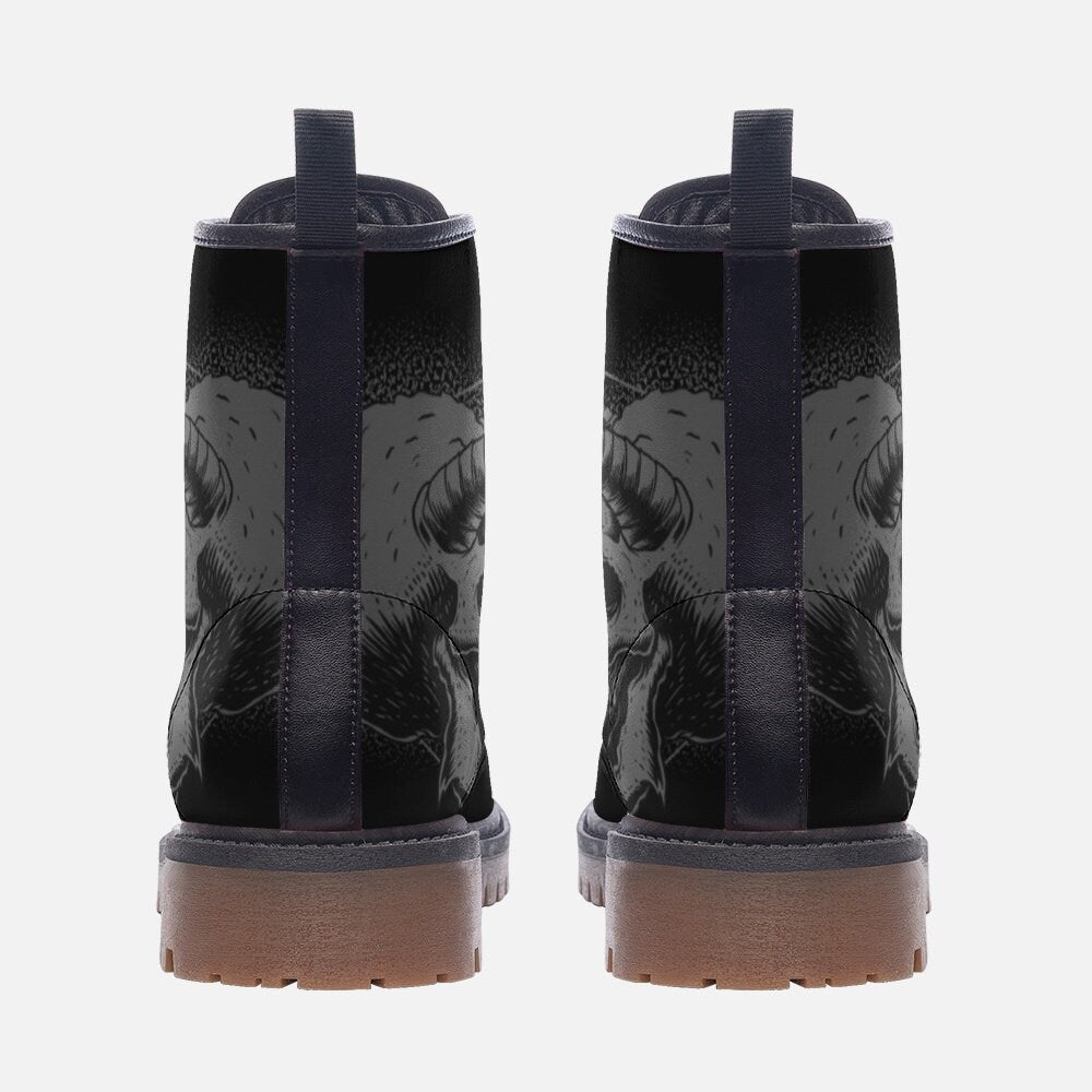 Gothic Skull Vegan Leather Combat Boots - Unisex Goth Lace-Up Ankle Boots