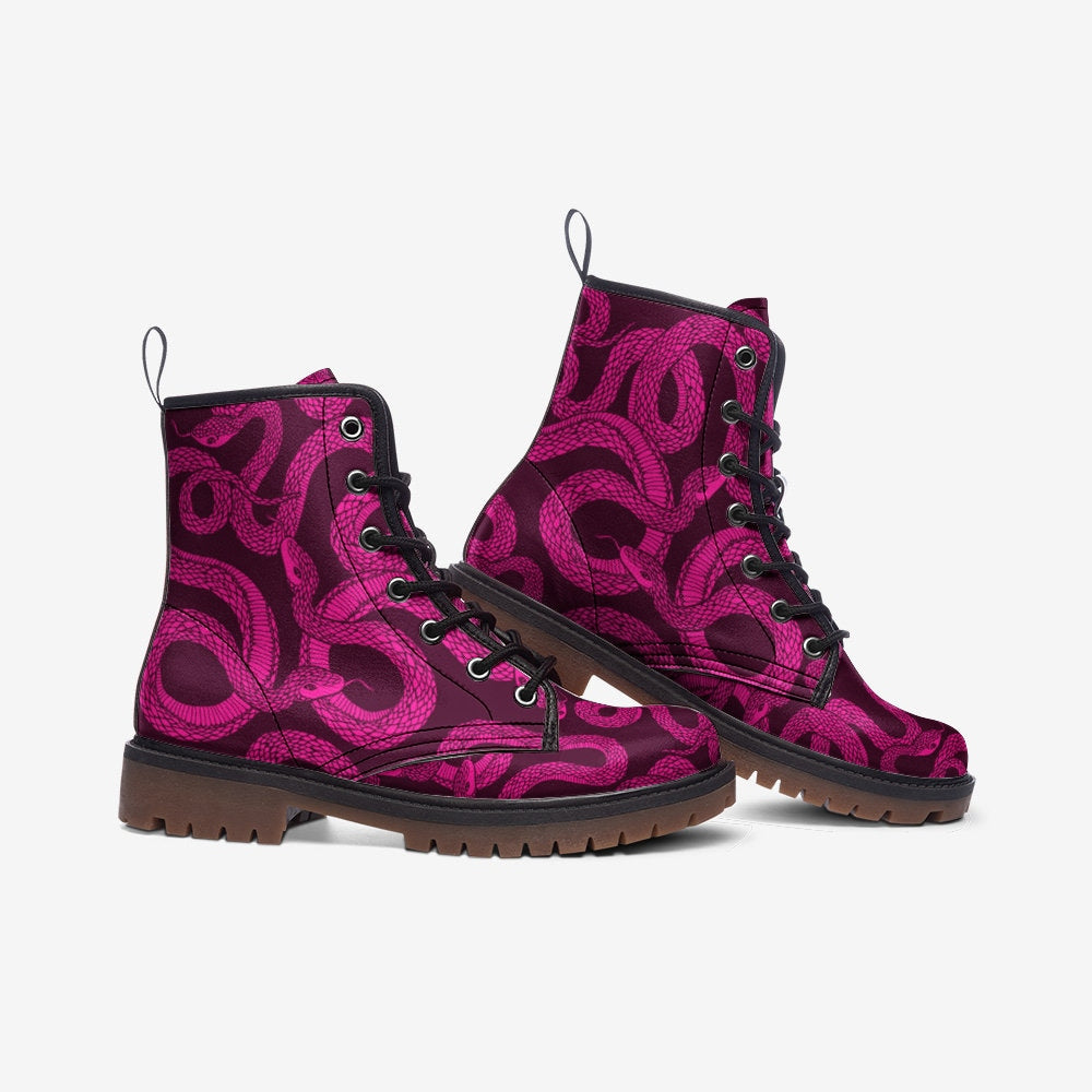 Magenta Snake Combat Boots, Witchy Punk Lace Up Shoes, Alt Girl Festival Footwear, Venom Print Grunge Boots,Gothic Reptile Aesthetic Fashion