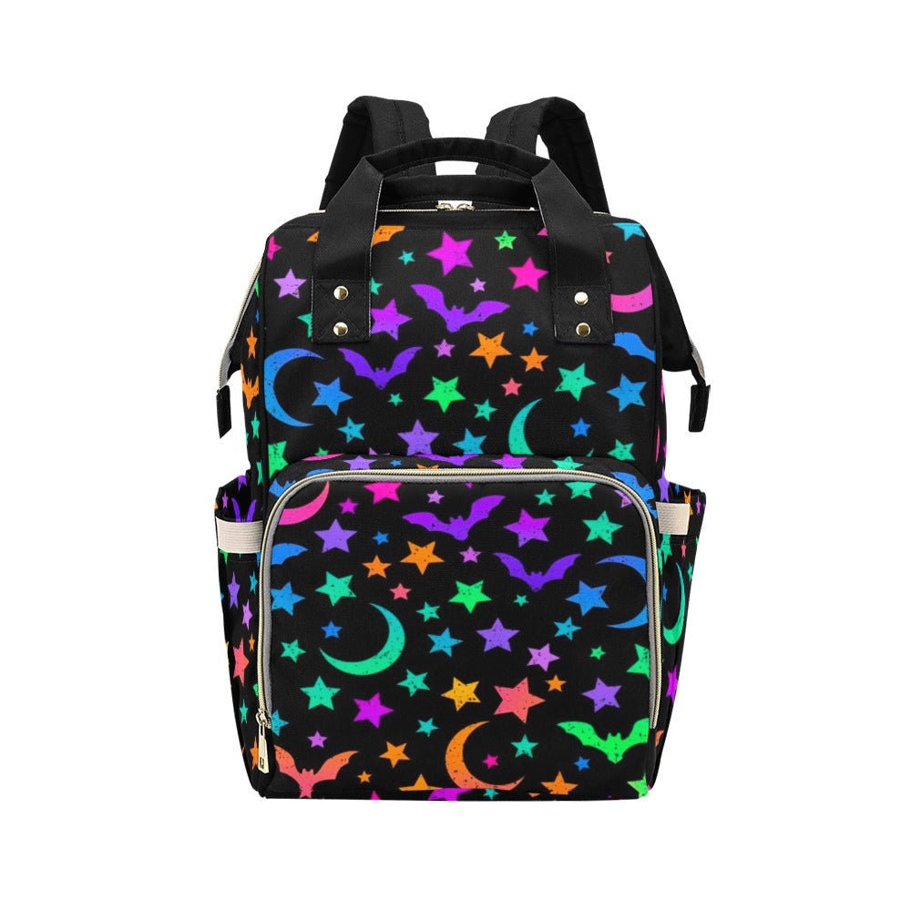Neon Stars Backpack, Witchy Bat Bag, Alternative Celestial Backpack
