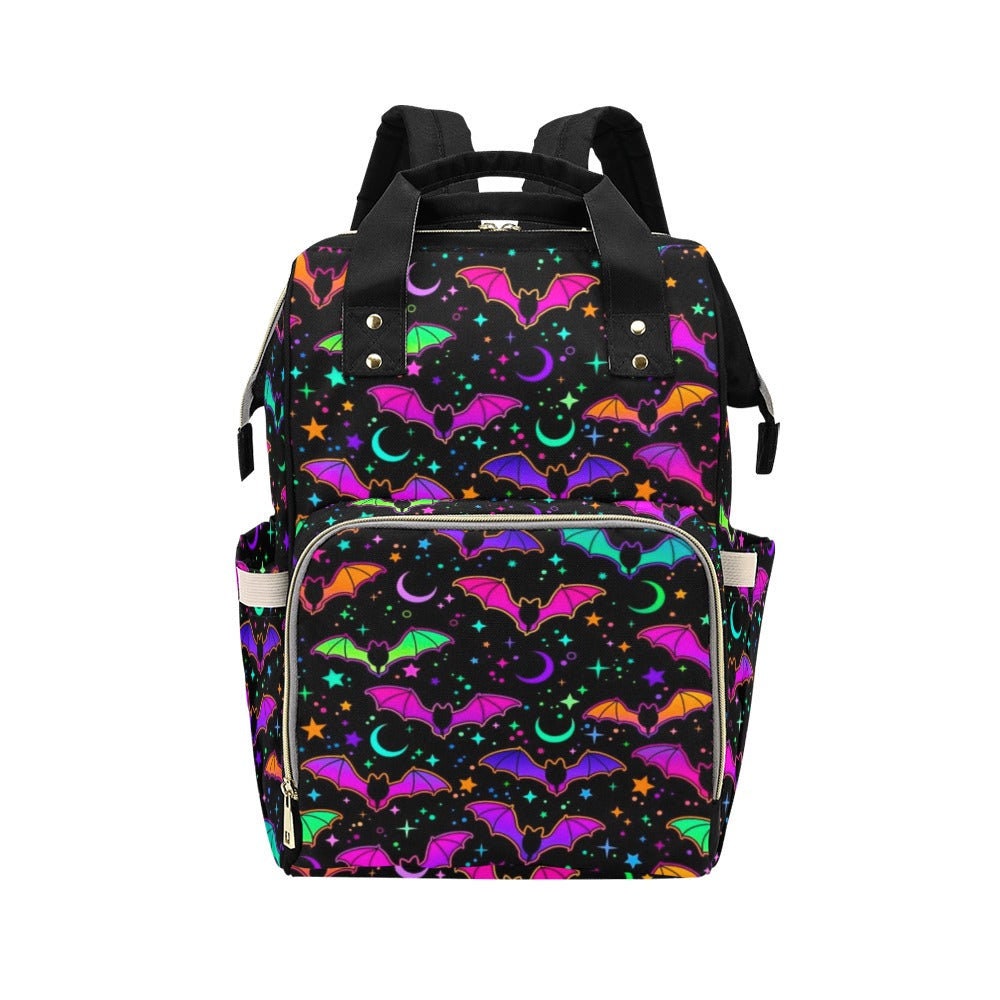 neon cat rave backpack, cyberpunk festival bag, luminous kitty satchel, kawaii neon accessory, glow in dark backpack, pastel cyber ravewear