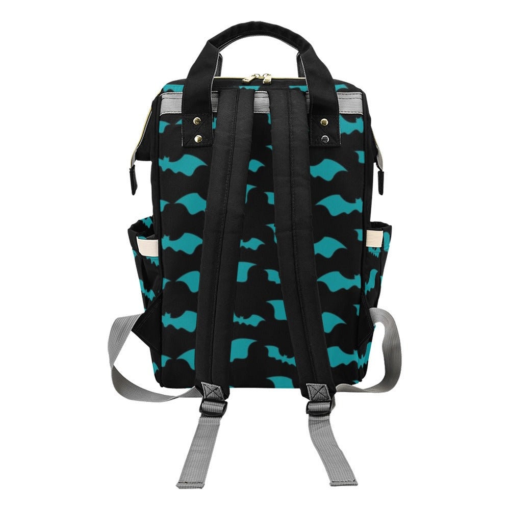Teal Bat Diaper Backpack, Gothic Baby Bag with Halloween Bat Print