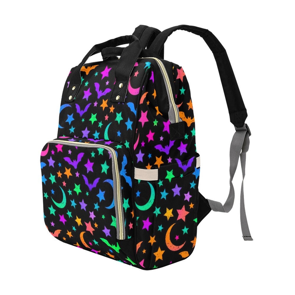 Neon Stars Backpack, Witchy Bat Bag, Alternative Celestial Backpack