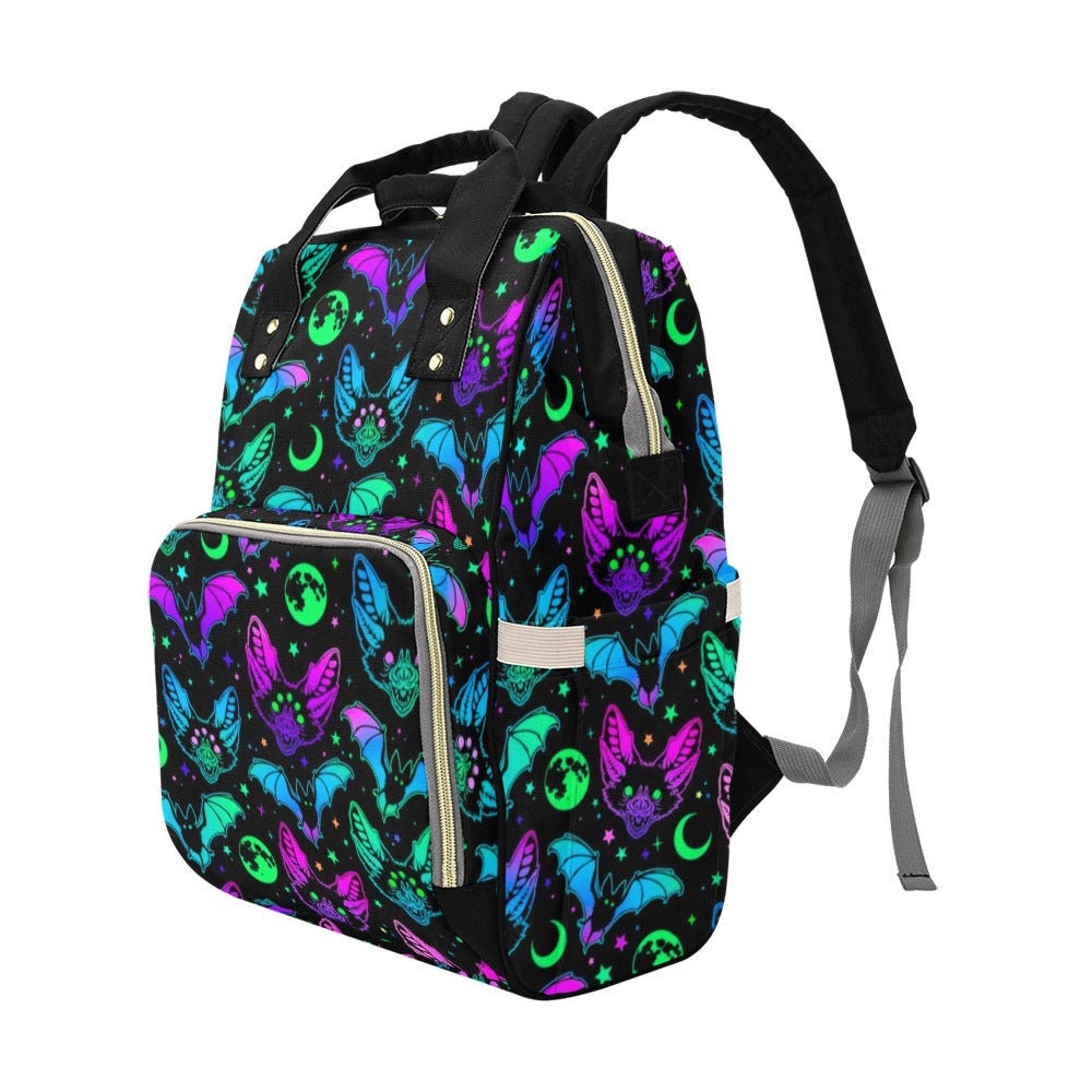Neon Bat Print Backpack: Witchy Festival Rave Bag