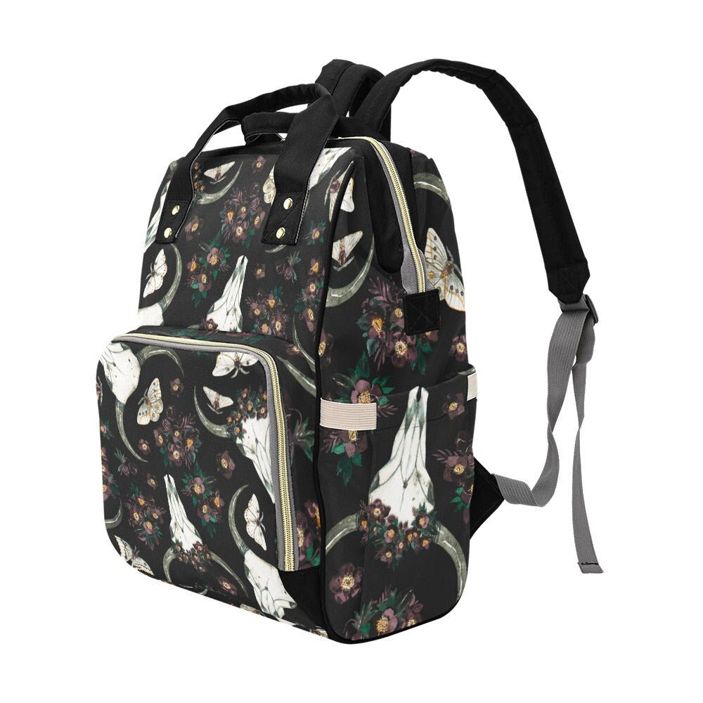 Floral skull backpack, witchy diaper backpack, mystical baby changing bag, dark academia mom travel bag, occult floral school backpack