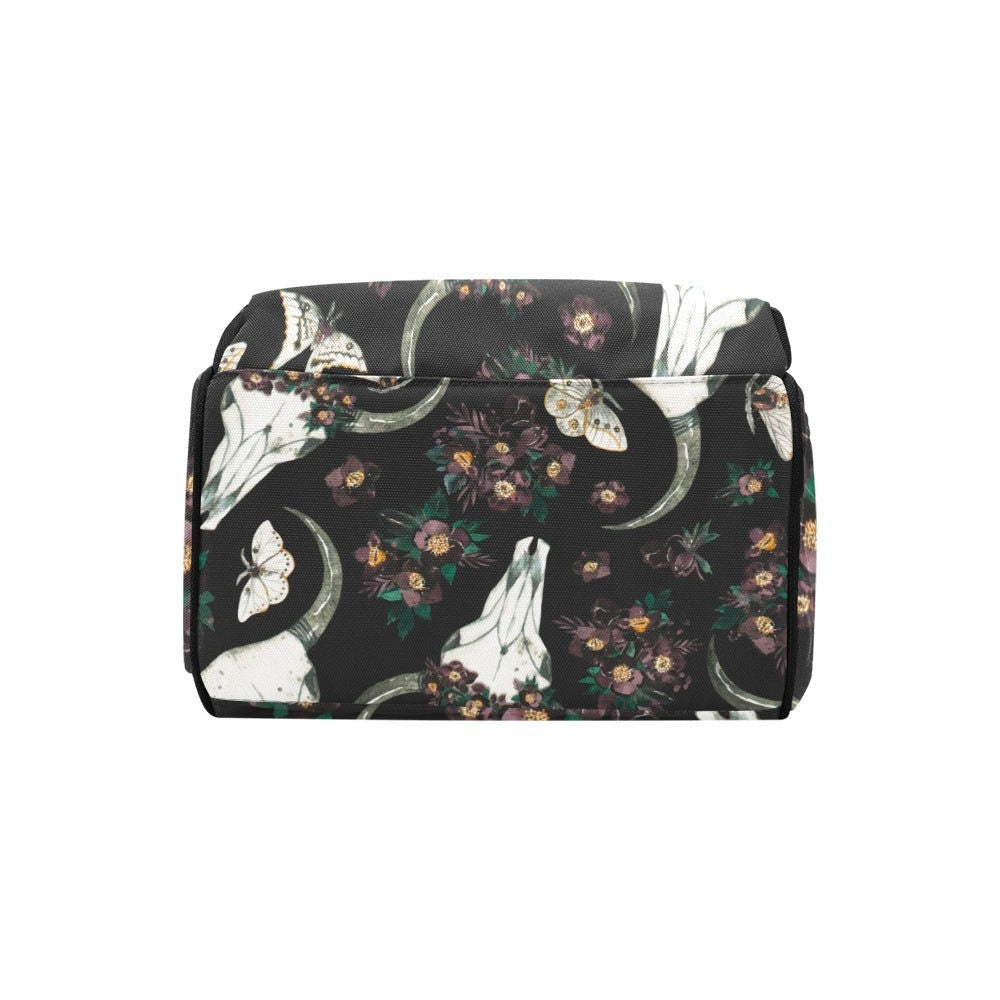 Floral skull backpack, witchy diaper backpack, mystical baby changing bag, dark academia mom travel bag, occult floral school backpack