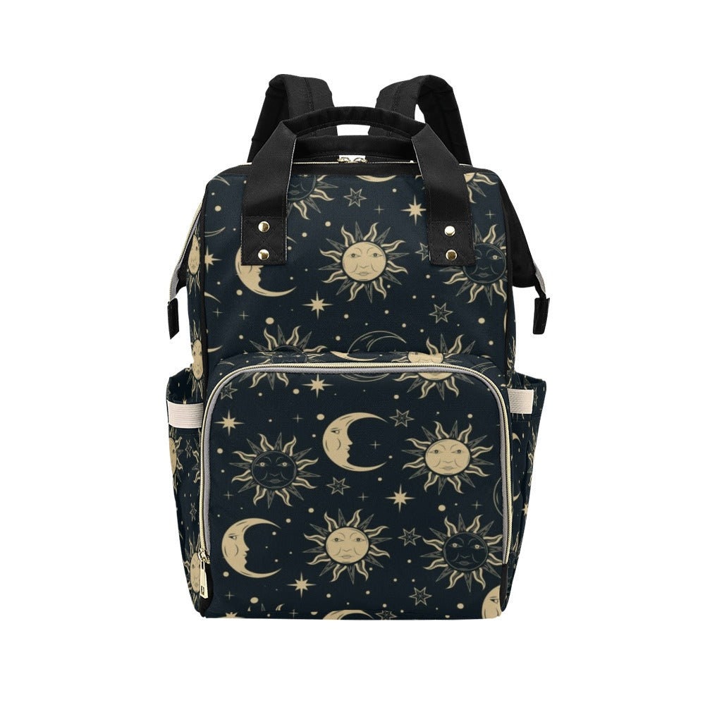 Celestial sun moon backpack, mystical diaper bag for moms, gothic witchy baby tote, starry night travel bag, moon phases celestial gift idea