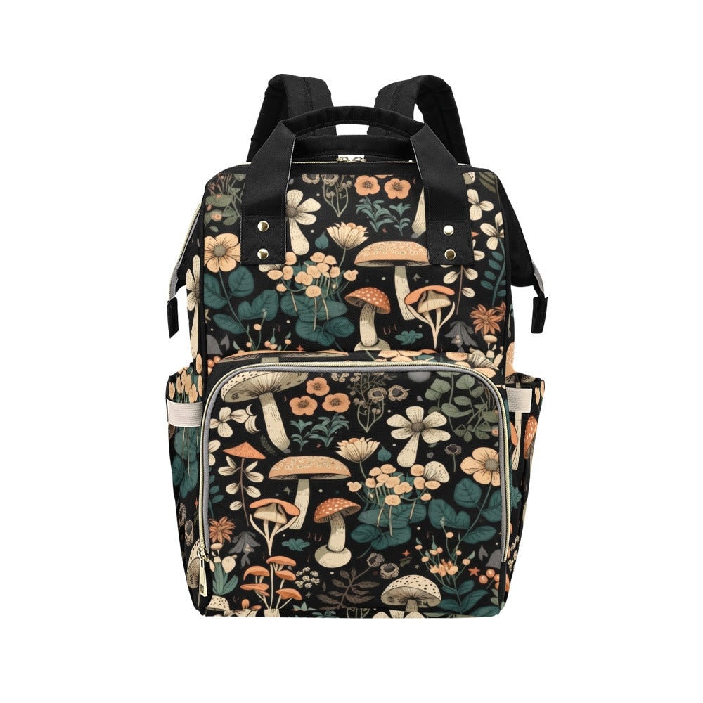 Vintage Mushroom Print Diaper Backpack, Woodland Baby Bag