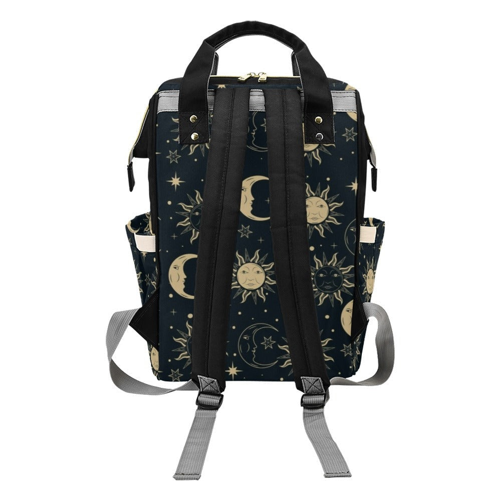 Celestial sun moon backpack, mystical diaper bag for moms, gothic witchy baby tote, starry night travel bag, moon phases celestial gift idea