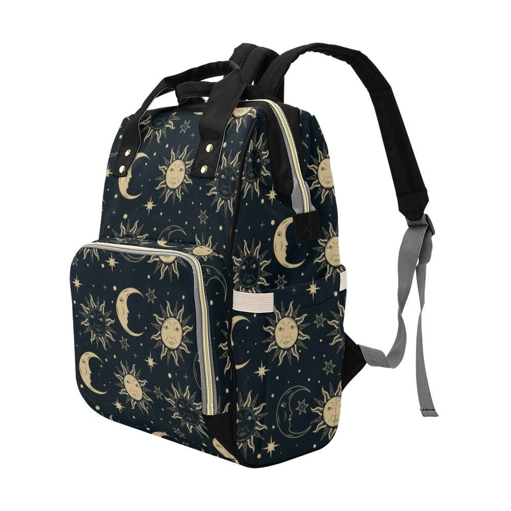Celestial sun moon backpack, mystical diaper bag for moms, gothic witchy baby tote, starry night travel bag, moon phases celestial gift idea