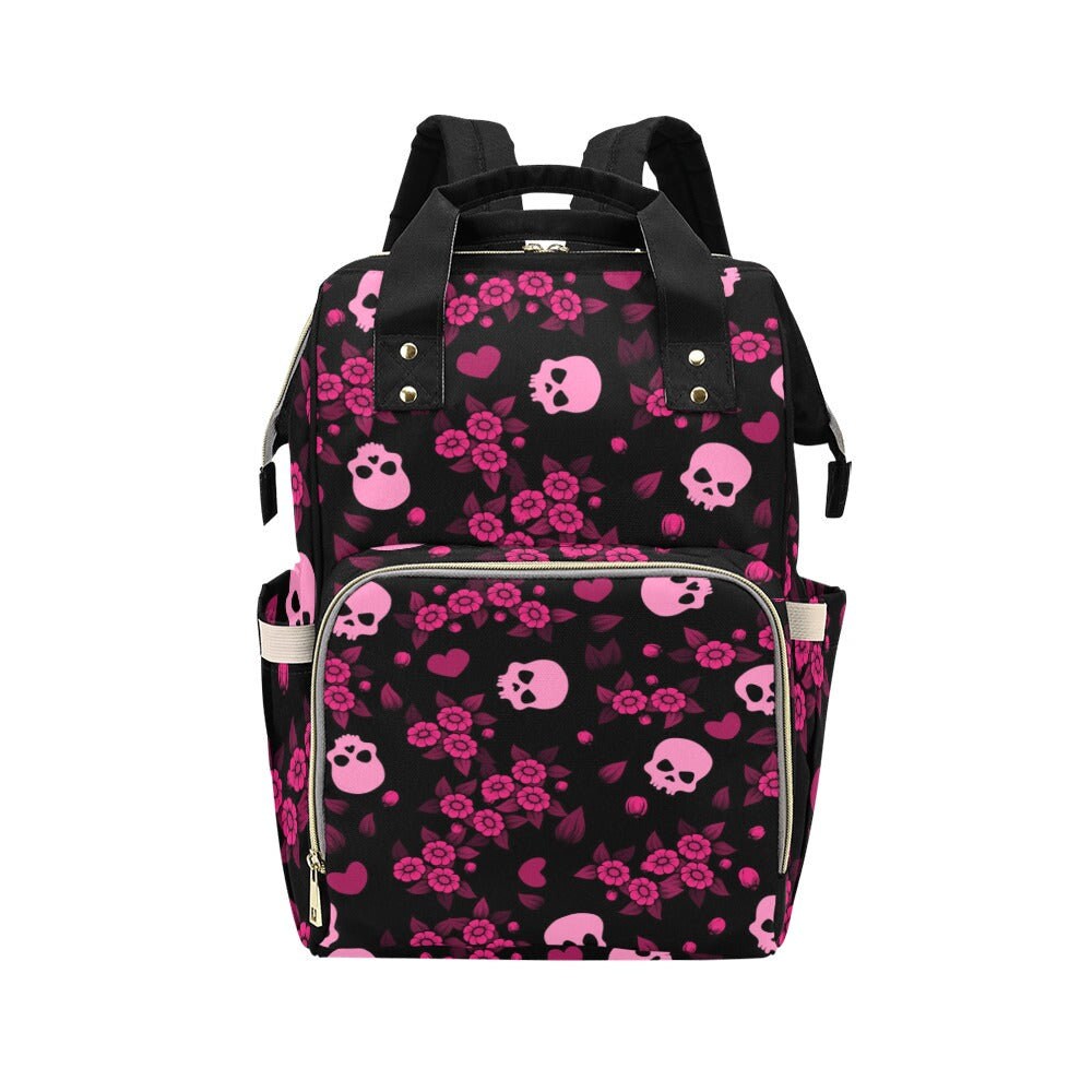 Pink Skull Backpack, Pastel Goth Diaper Bag, Dark Fairycore Organizer, Gothic Floral Skulls, Emo Punk Mom Bag, Edgy Alt Accessory,Skull Gear