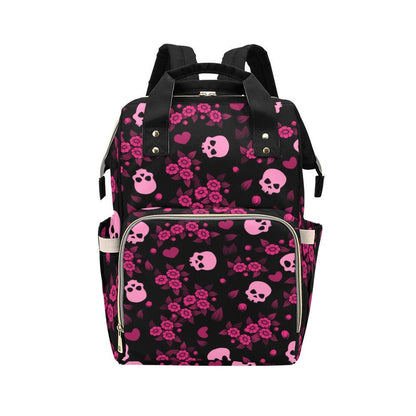 Pink Skull Diaper Backpack, Pastel Goth Floral Organizer, Emo Punk Mom Bag, Dark Fairycore Travel Backpack