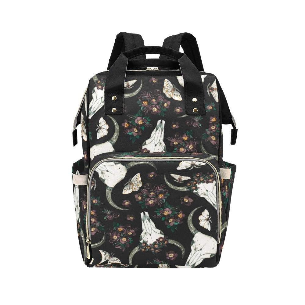 Floral skull backpack, witchy diaper backpack, mystical baby changing bag, dark academia mom travel bag, occult floral school backpack