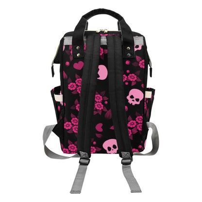 Pink Skull Diaper Backpack, Pastel Goth Floral Organizer, Emo Punk Mom Bag, Dark Fairycore Travel Backpack