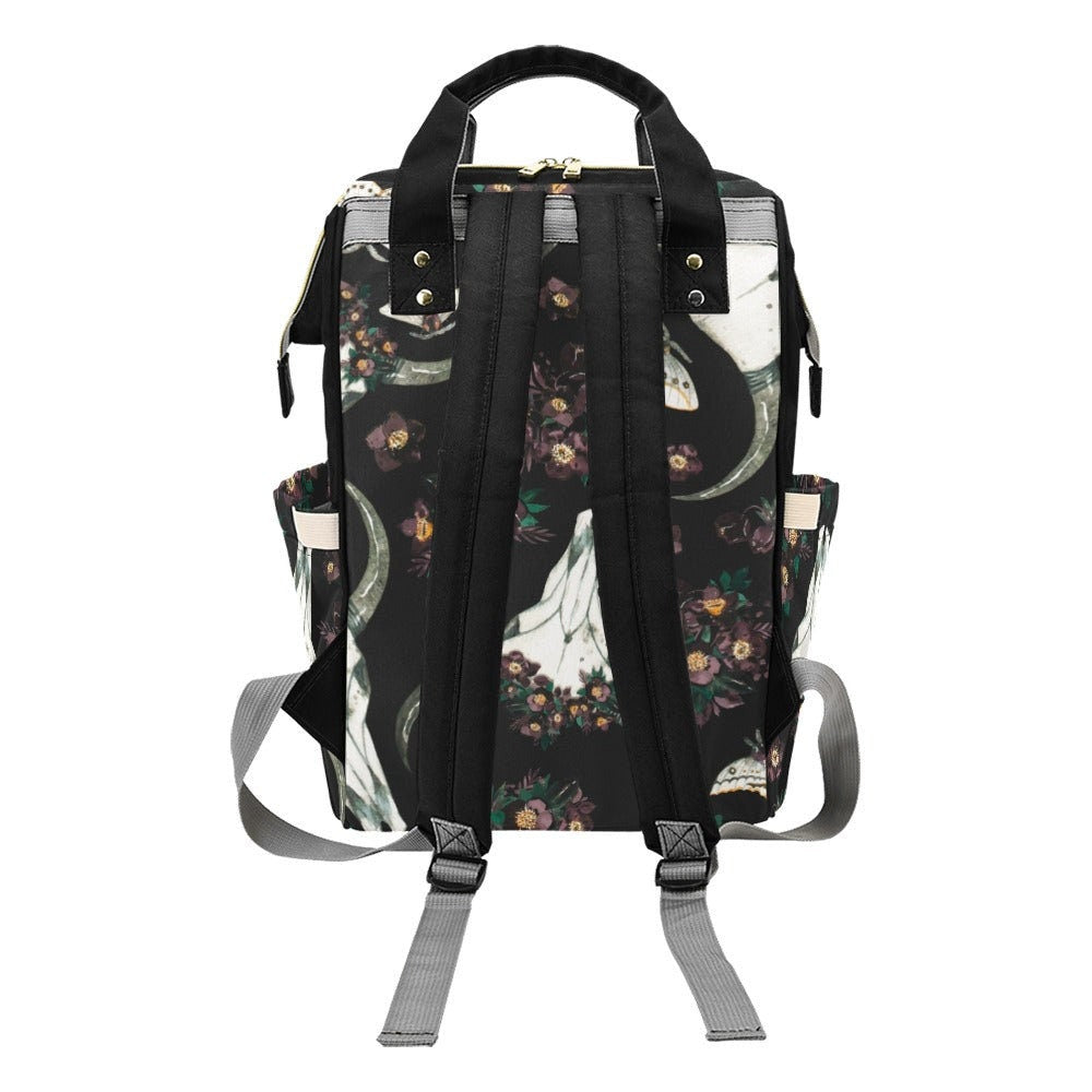 Floral skull backpack, witchy diaper backpack, mystical baby changing bag, dark academia mom travel bag, occult floral school backpack