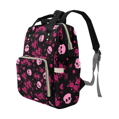 Pink Skull Diaper Backpack, Pastel Goth Floral Organizer, Emo Punk Mom Bag, Dark Fairycore Travel Backpack