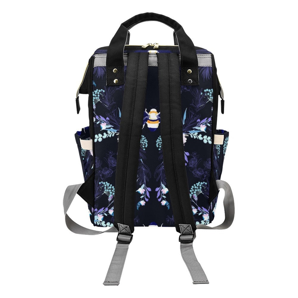 Bee Floral Backpack, Witchy Diaper Bag with Honeybee and Garden Flowers Print, Cottagecore Nature Inspired Travel Backpack for Everyday Use