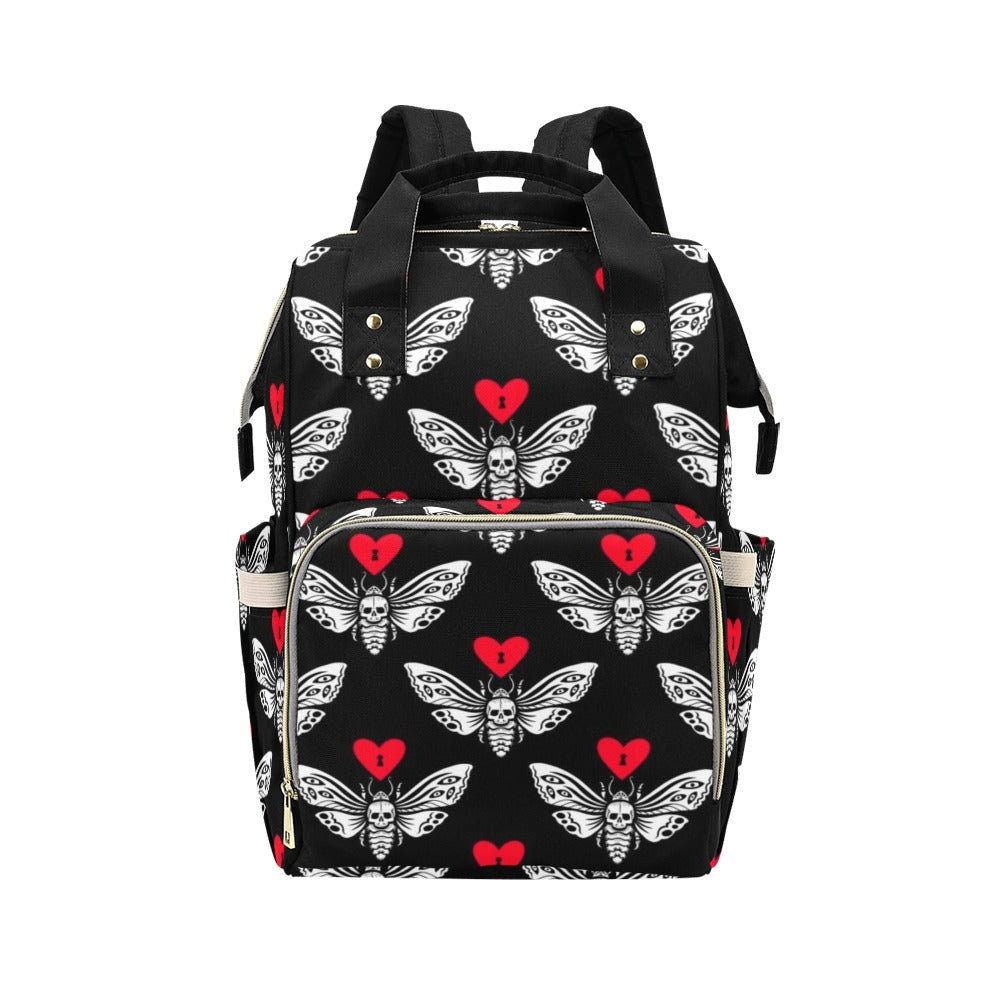 Gothic skull moth diaper backpack, red heart emo baby bag, creepy cute gift idea, witchy diaper tote for moms, spooky aesthetic mom backpack