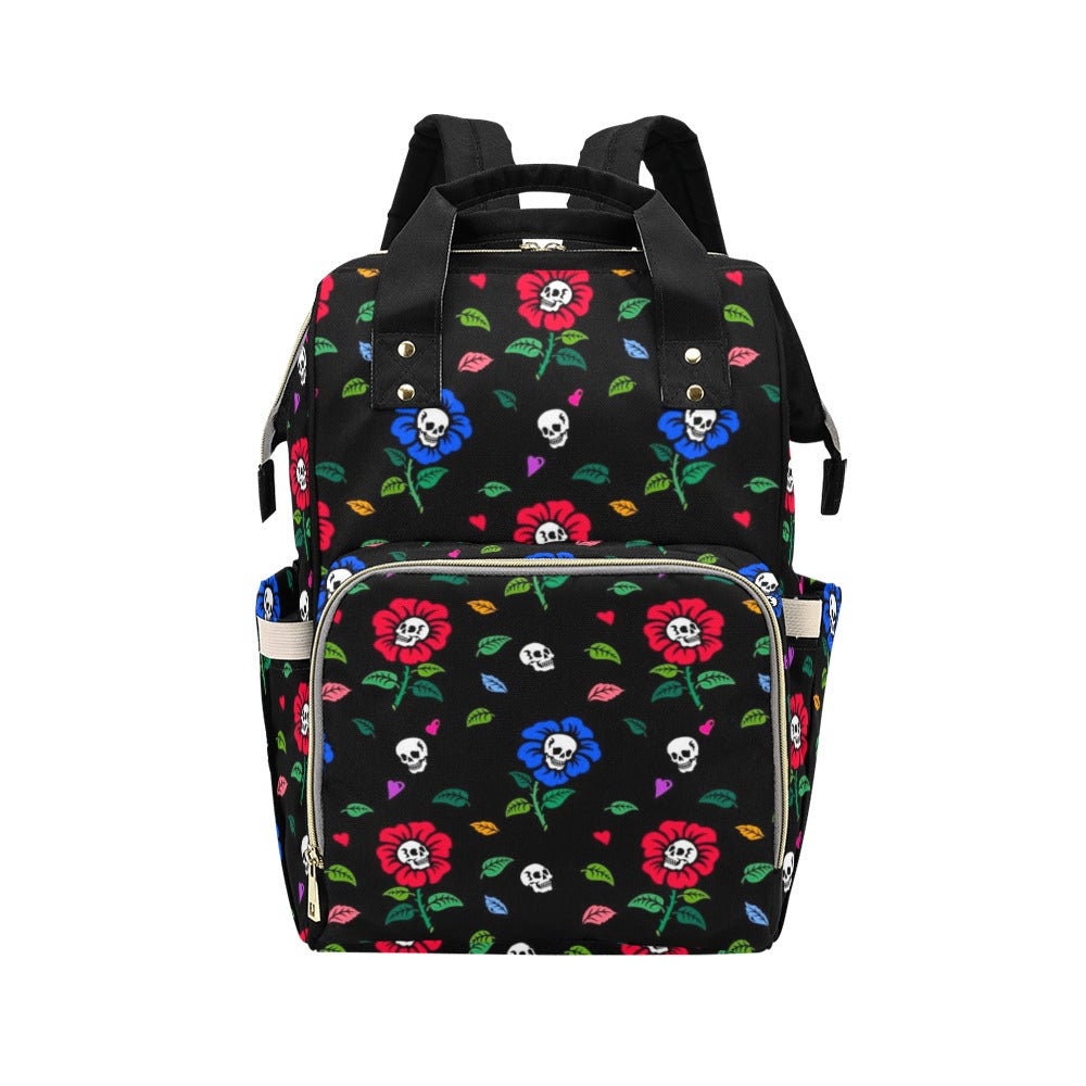 Skull Flower Backpack, Colorful Goth Diaper Bag, Alternative Mom Backpack, Cute Dark Baby Bag, Gothic Floral Nursery Bag for Trendy Moms
