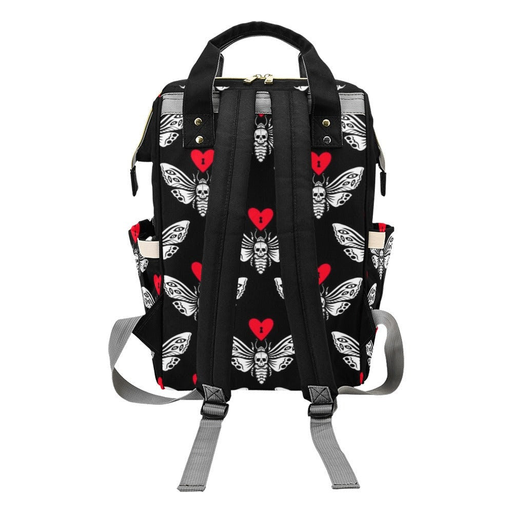 Gothic skull moth diaper backpack, red heart emo baby bag, creepy cute gift idea, witchy diaper tote for moms, spooky aesthetic mom backpack