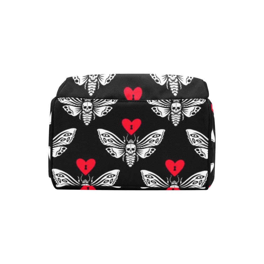 Gothic skull moth diaper backpack, red heart emo baby bag, creepy cute gift idea, witchy diaper tote for moms, spooky aesthetic mom backpack