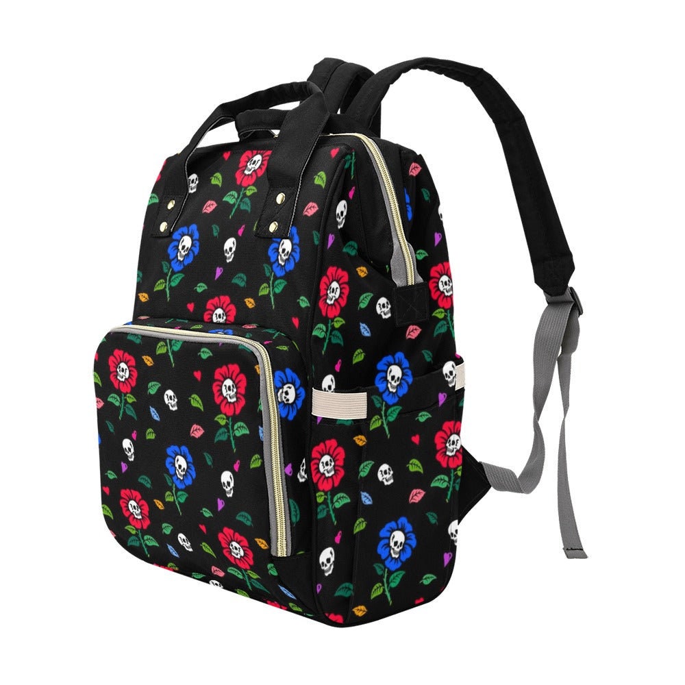 Skull Flower Backpack, Colorful Goth Diaper Bag, Alternative Mom Backpack, Cute Dark Baby Bag, Gothic Floral Nursery Bag for Trendy Moms