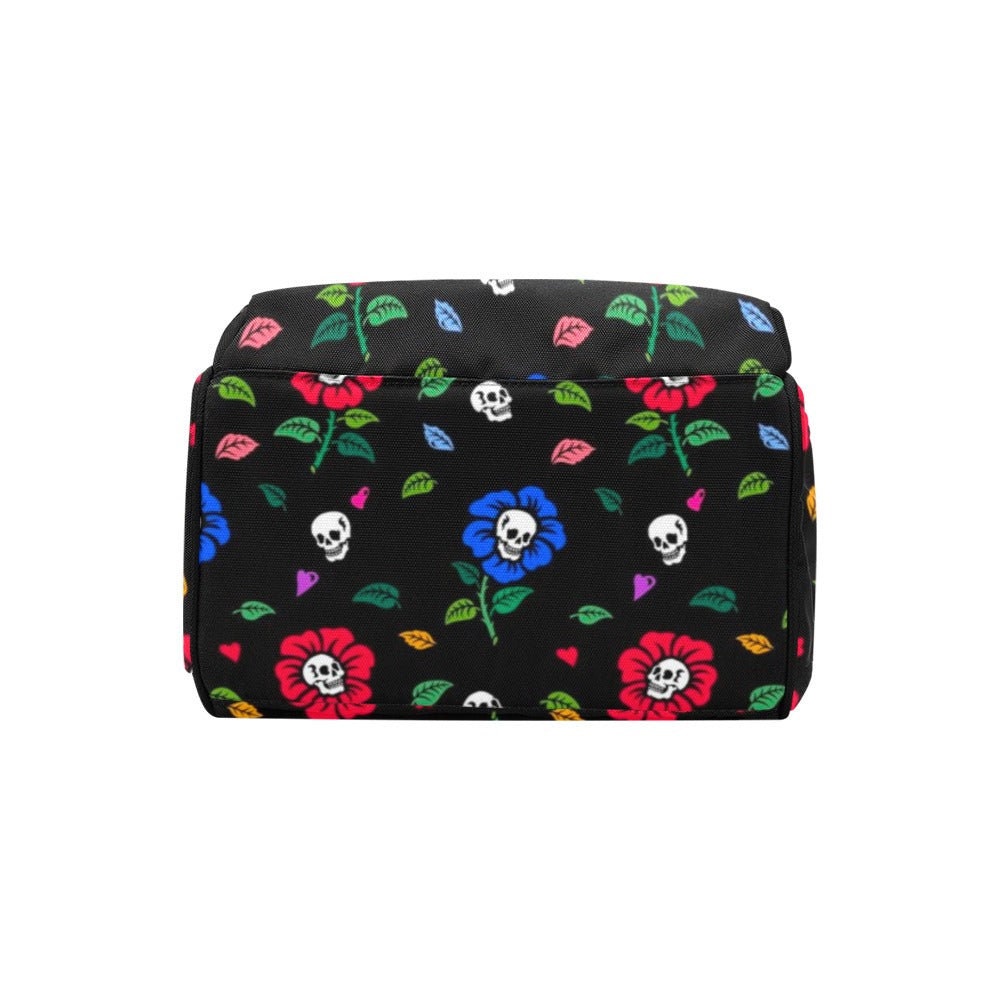 Skull Flower Backpack, Colorful Goth Diaper Bag, Alternative Mom Backpack, Cute Dark Baby Bag, Gothic Floral Nursery Bag for Trendy Moms
