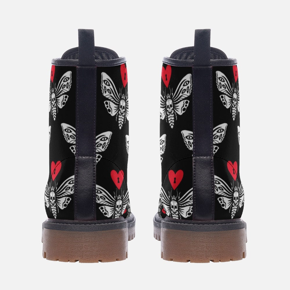 gothic spring boots,moth pattern combat boots,summer goth combat boots,everyday biker boots,pastel goth vegan leather boots,edgy clothing