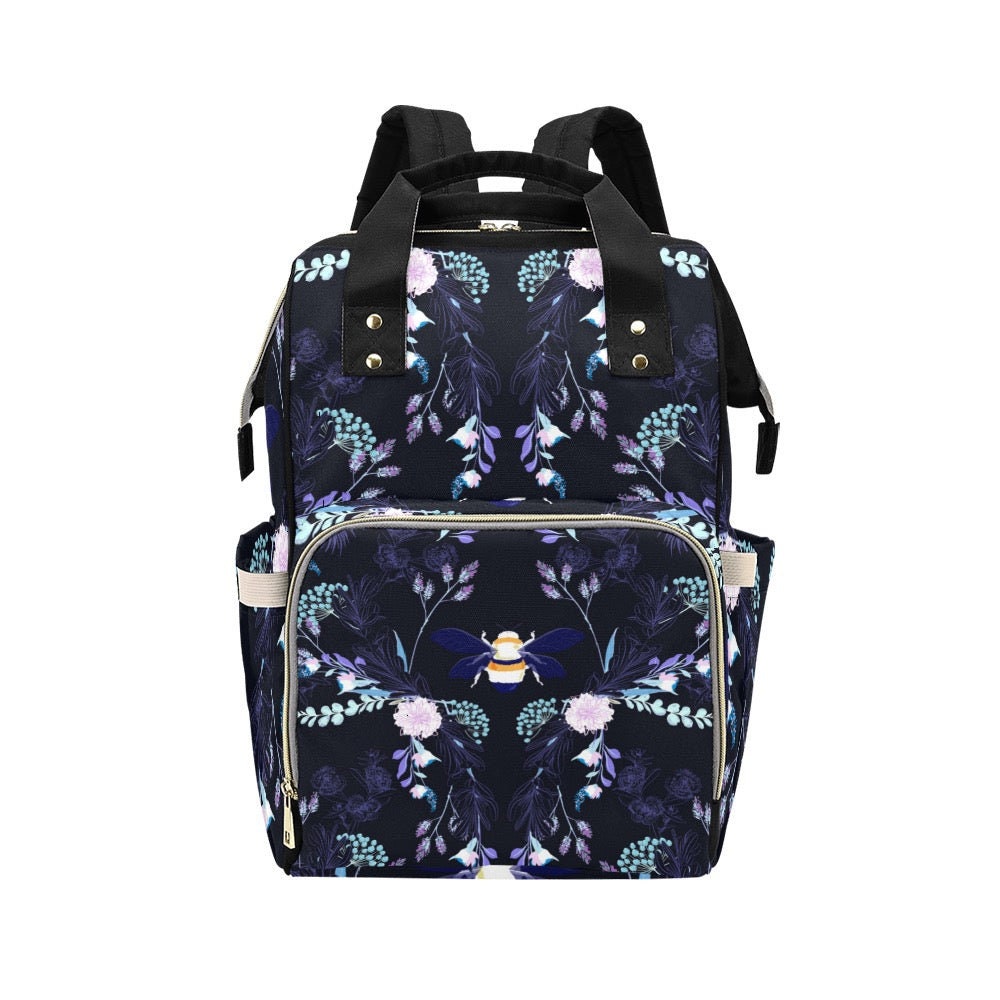 Bee Floral Backpack, Witchy Diaper Bag with Honeybee and Garden Flowers Print, Cottagecore Nature Inspired Travel Backpack for Everyday Use