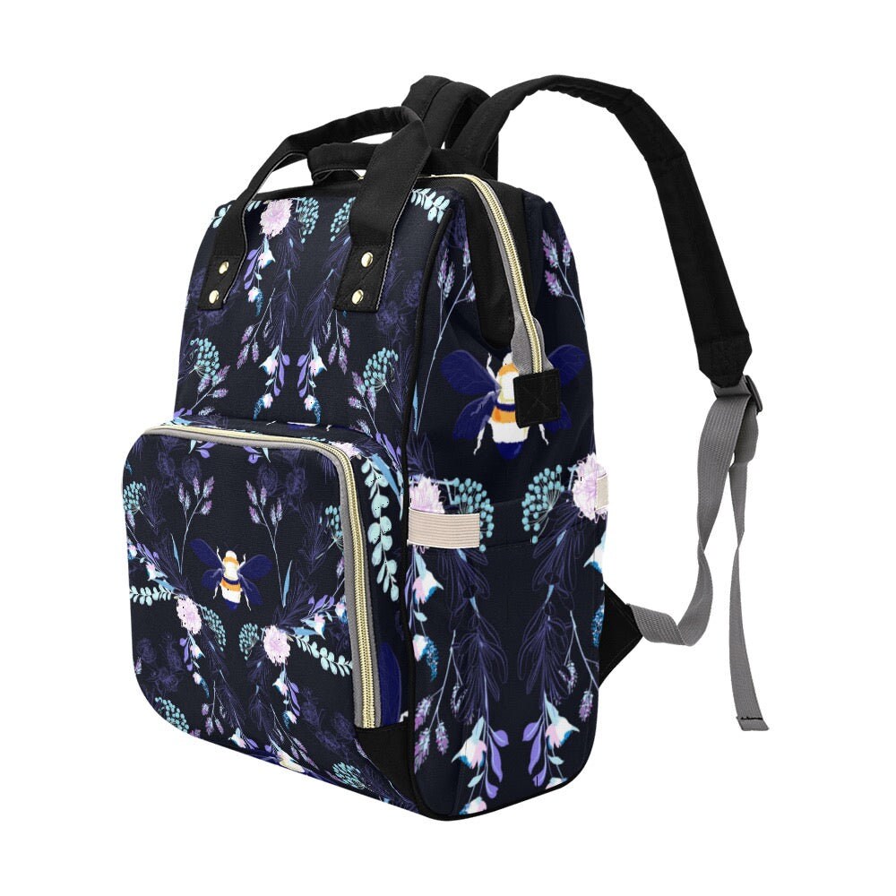 Bee Floral Backpack, Witchy Diaper Bag with Honeybee and Garden Flowers Print, Cottagecore Nature Inspired Travel Backpack for Everyday Use