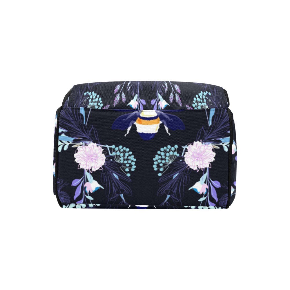Bee Floral Backpack, Witchy Diaper Bag with Honeybee and Garden Flowers Print, Cottagecore Nature Inspired Travel Backpack for Everyday Use