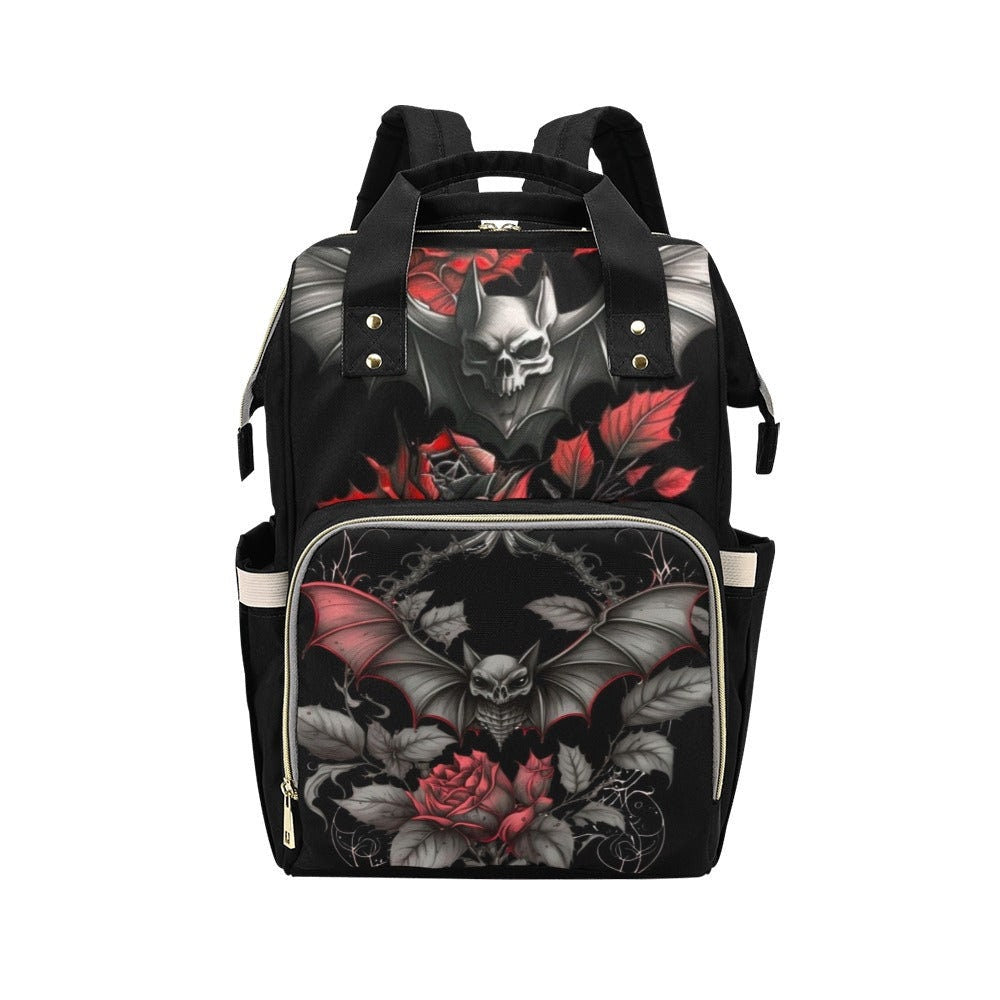 Gothic Mom Backpack, Bat Diaper Bag, Skull Roses Baby Bag, Dark Goth Nursery Backpack, Alternative Spooky Bag for Trendy Goth Moms