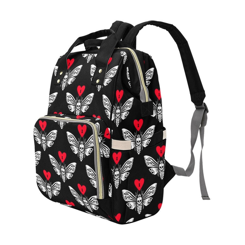 Gothic skull moth diaper backpack, red heart emo baby bag, creepy cute gift idea, witchy diaper tote for moms, spooky aesthetic mom backpack