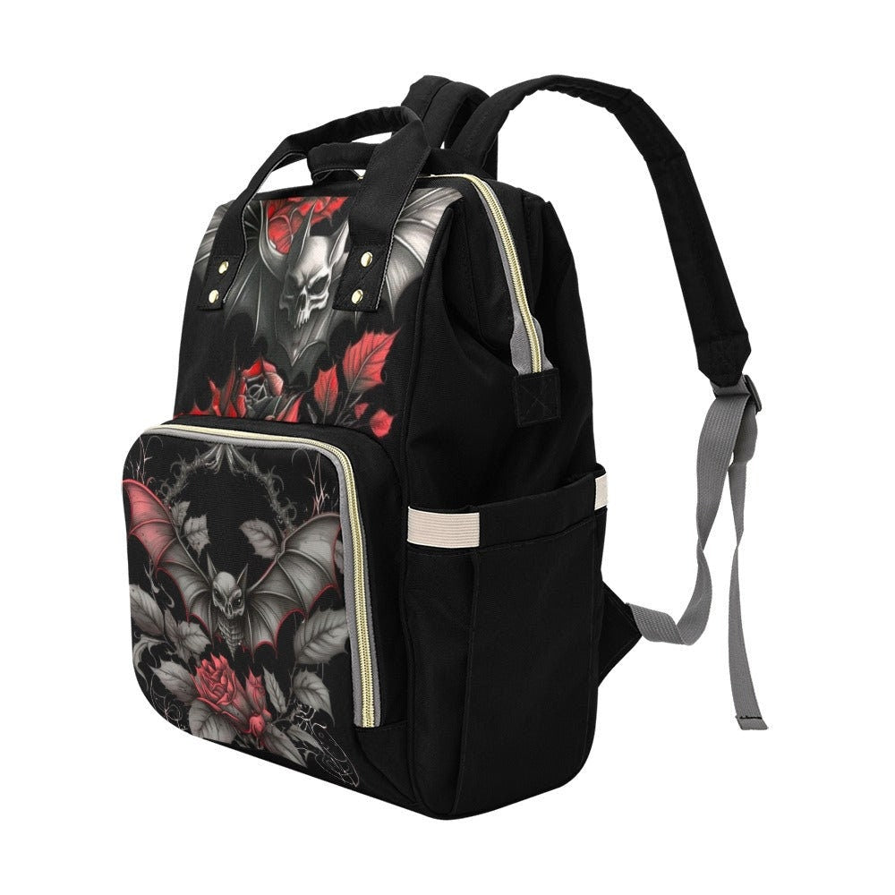 Gothic Mom Backpack, Bat Diaper Bag, Skull Roses Baby Bag, Dark Goth Nursery Backpack, Alternative Spooky Bag for Trendy Goth Moms