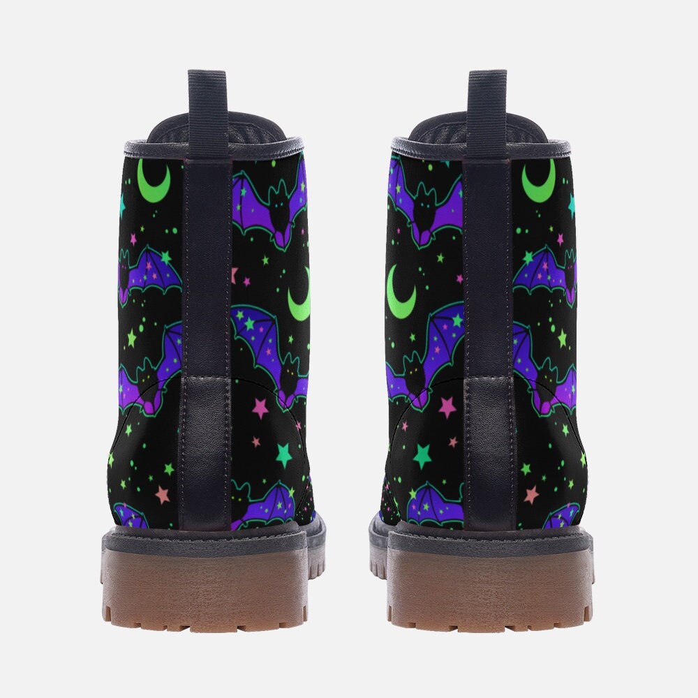 Neon bat combat boots, halloween rave lace up shoes, goth party cosplay boots, spooky neon festival footwear, quirky bat print boots
