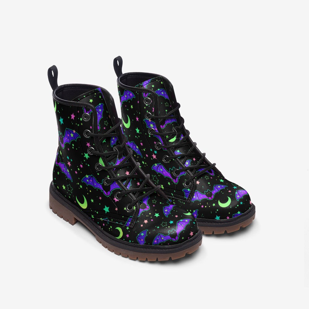 Neon bat combat boots, halloween rave lace up shoes, goth party cosplay boots, spooky neon festival footwear, quirky bat print boots
