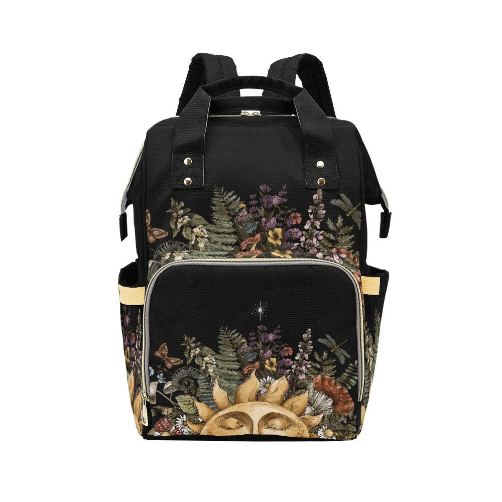 Sun and herbs backpack, celestial nature diaper bag, botanical witch travel backpack, herbal print school satchel,mystical celestial mom bag