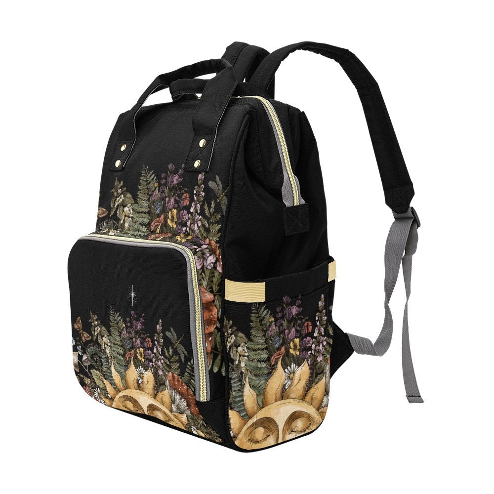 Sun and flowers backpack, enchanted botanical diaper bag, mystical cottagecore travel bag, celestial nature baby backpack, witchy mom bag