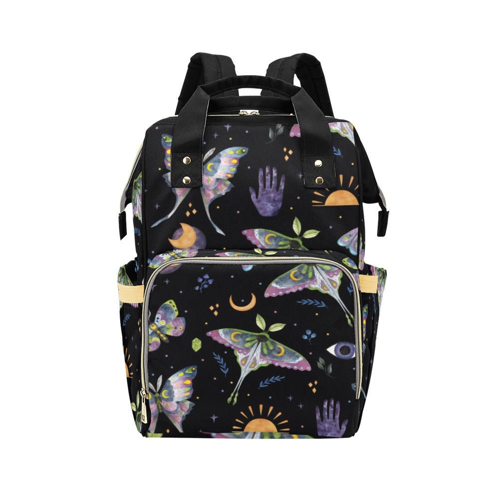 Celestial moth backpack, mystical diaper backpack, boho witch baby changing bag, lunar phases mom travel bag, astrology school backpack