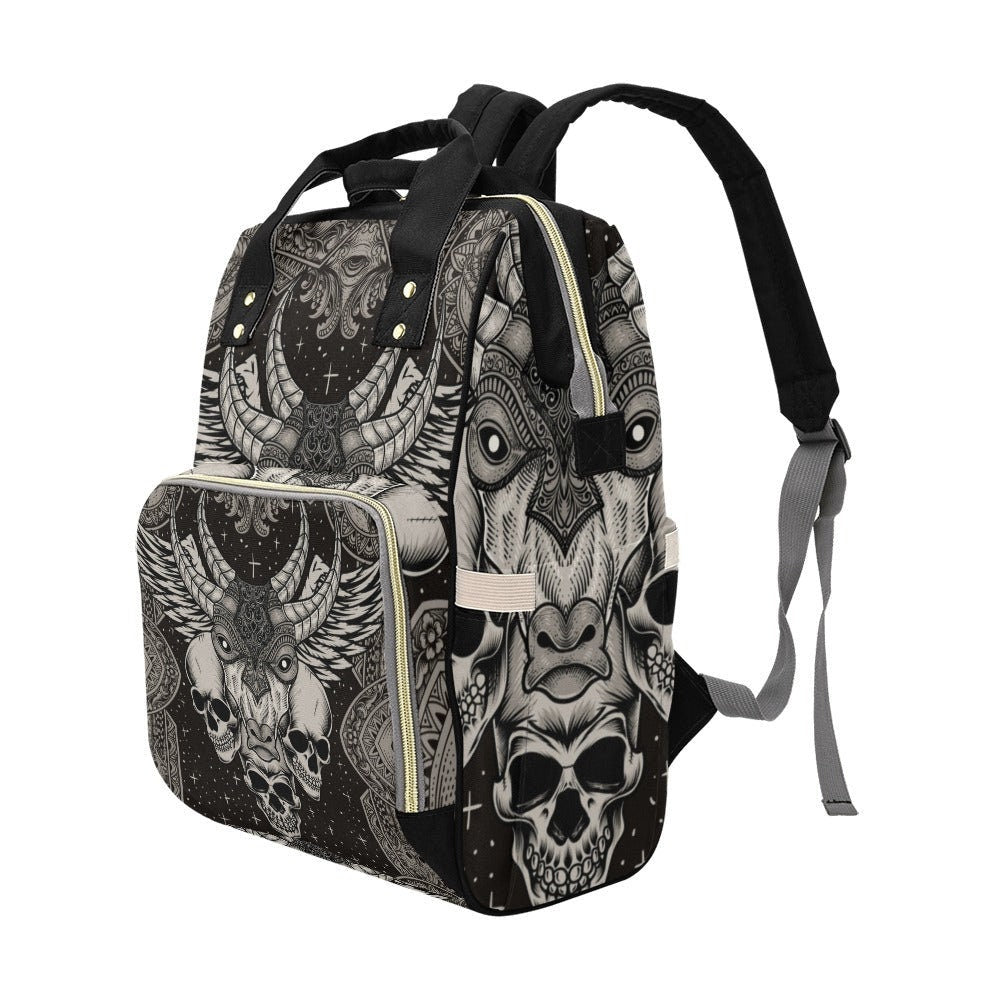 Horned Skull Diaper Backpack, Occult Gothic Baby Bag with Dark Ritual Art
