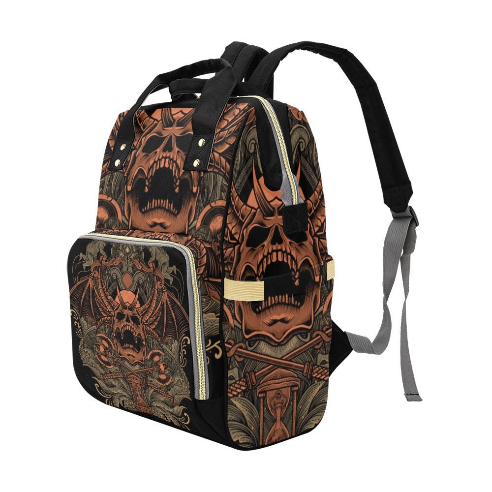 Demon Skull Occult Backpack with Gothic Bone Print, Travel Bag for Everyday, Festival Use