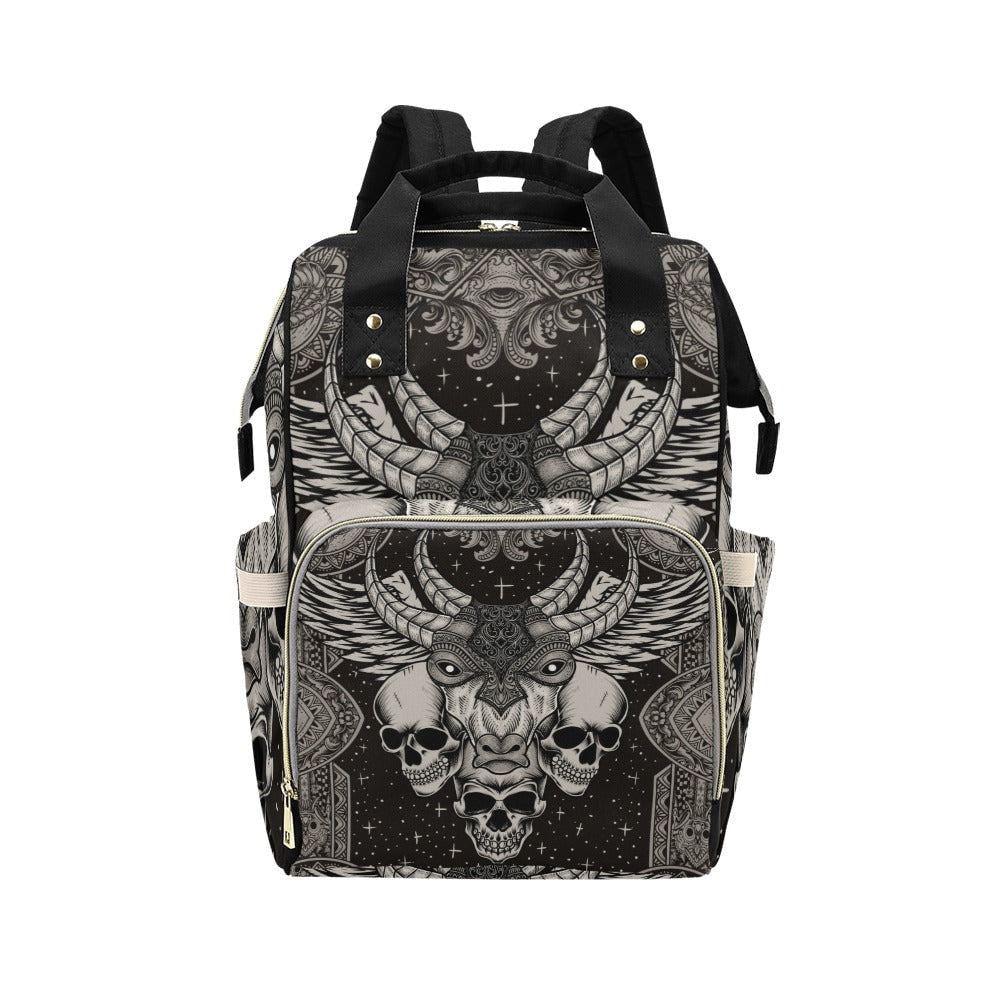 Horned Skull Diaper Backpack, Occult Gothic Baby Bag with Dark Ritual Art