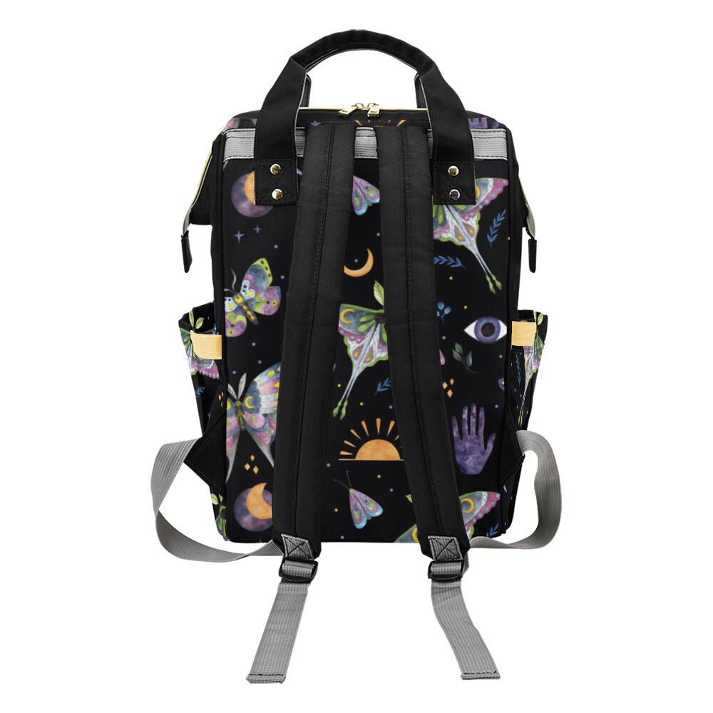 Celestial moth backpack, mystical diaper backpack, boho witch baby changing bag, lunar phases mom travel bag, astrology school backpack