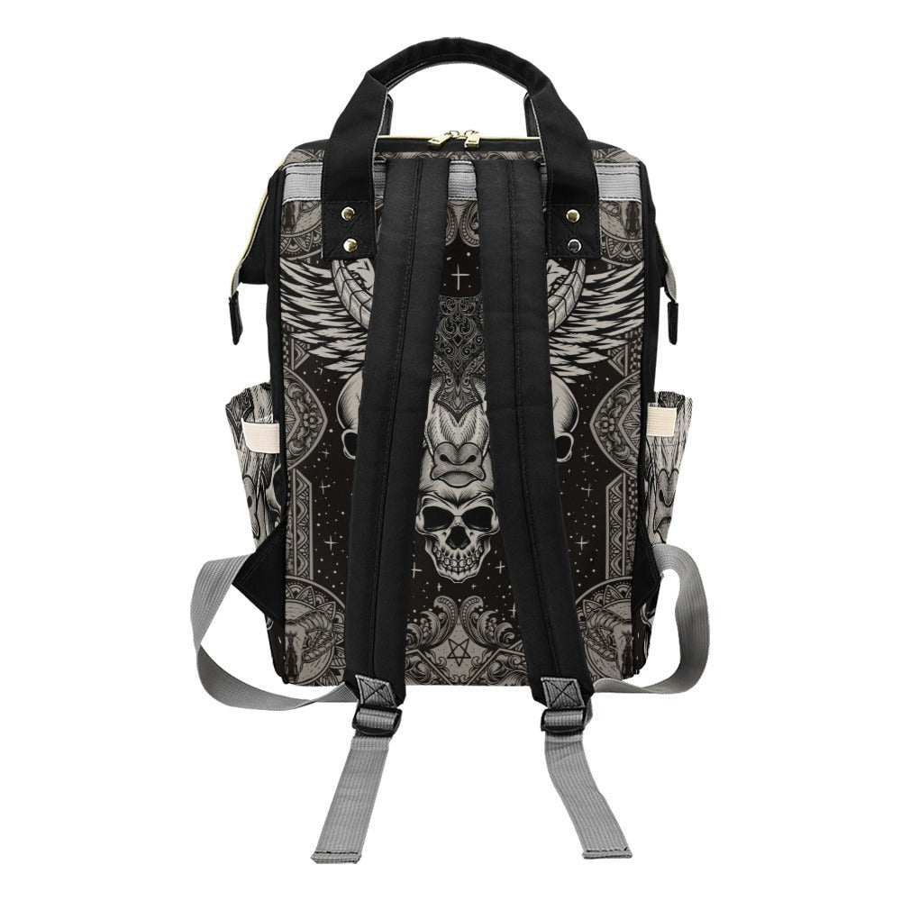 Horned Skull Diaper Backpack, Occult Gothic Baby Bag with Dark Ritual Art
