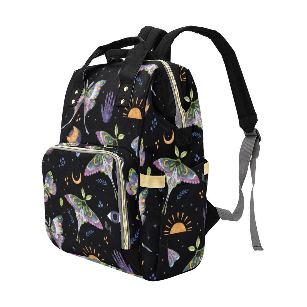 Celestial moth backpack, mystical diaper backpack, boho witch baby changing bag, lunar phases mom travel bag, astrology school backpack